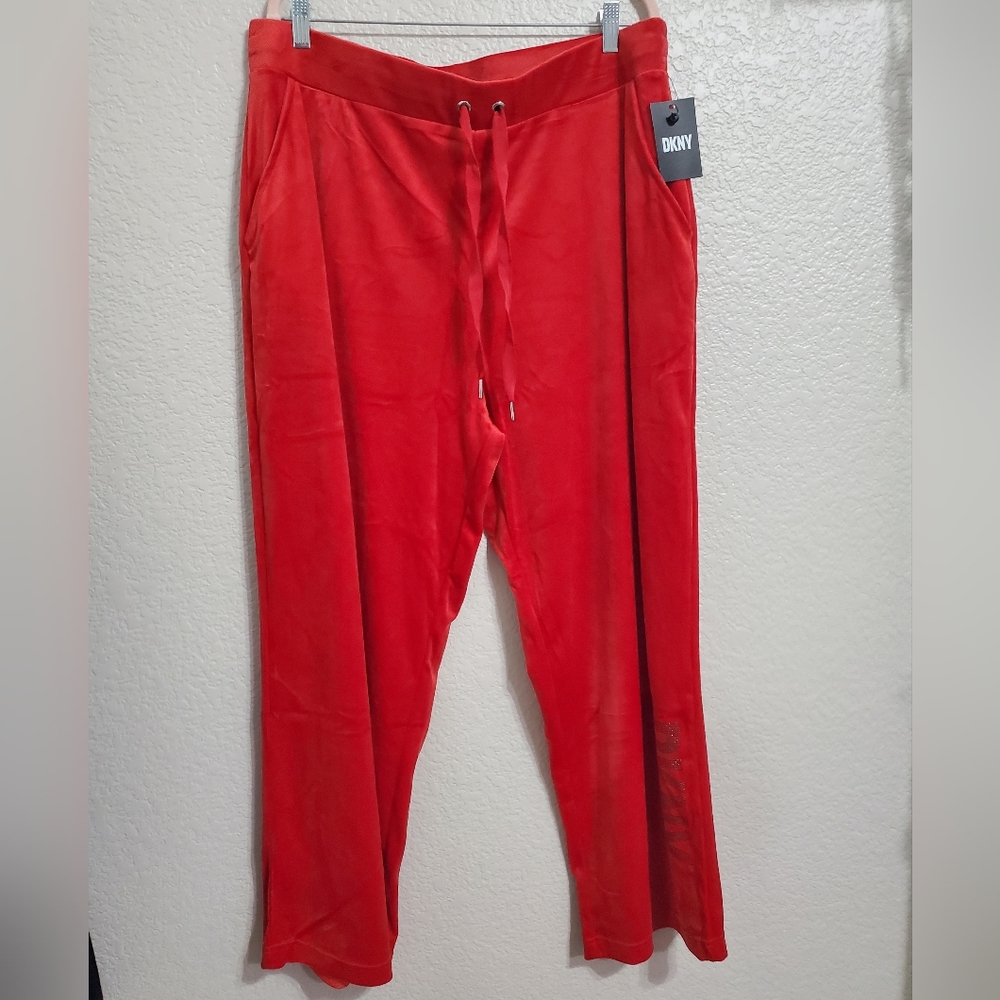 DKNY Sport Drawstring Waist Red Velvet Soft Pants Women's Size X-Large NWT